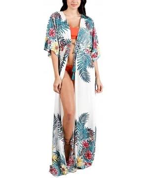 Cover-Ups Women Sexy Print Open Front Kimono Cardigan Loose Beach Cover Up Dress - Leaf Print - CT19994AD2R