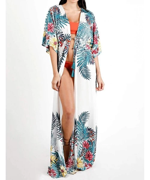 Cover-Ups Women Sexy Print Open Front Kimono Cardigan Loose Beach Cover Up Dress - Leaf Print - CT19994AD2R