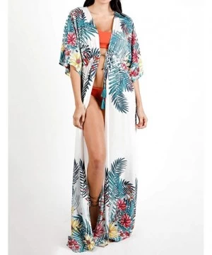 Cover-Ups Women Sexy Print Open Front Kimono Cardigan Loose Beach Cover Up Dress - Leaf Print - CT19994AD2R