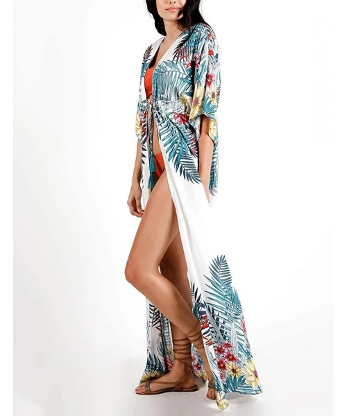 Cover-Ups Women Sexy Print Open Front Kimono Cardigan Loose Beach Cover Up Dress - Leaf Print - CT19994AD2R