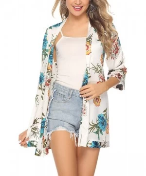 Cover-Ups Women 3/4 Sleeve Floral Chiffon Casual Loose Kimono Cardigan Capes - White 2 - CU18SXYNOOZ