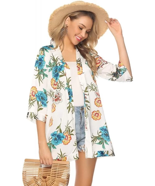 Cover-Ups Women 3/4 Sleeve Floral Chiffon Casual Loose Kimono Cardigan Capes - White 2 - CU18SXYNOOZ