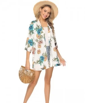 Cover-Ups Women 3/4 Sleeve Floral Chiffon Casual Loose Kimono Cardigan Capes - White 2 - CU18SXYNOOZ