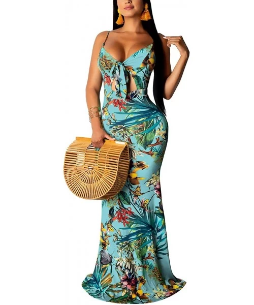 Cover-Ups Women's Summer Floral Spaghetti Strap Maxi Dresses Sexy V-Neck Beach Boho Tropical Long Sundress - Light Blue - CN1...