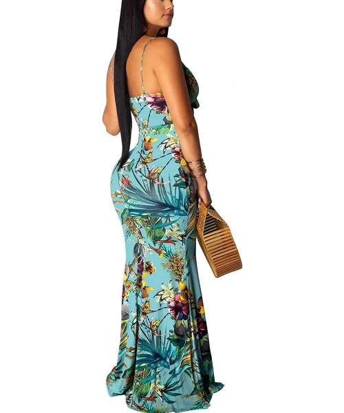 Cover-Ups Women's Summer Floral Spaghetti Strap Maxi Dresses Sexy V-Neck Beach Boho Tropical Long Sundress - Light Blue - CN1...