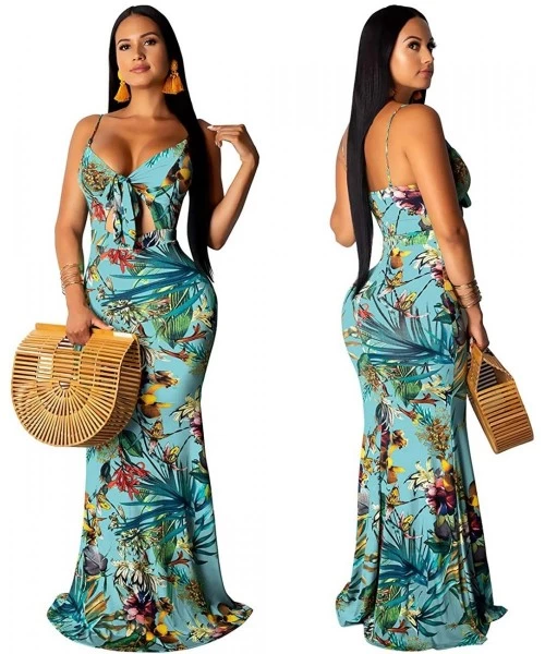 Cover-Ups Women's Summer Floral Spaghetti Strap Maxi Dresses Sexy V-Neck Beach Boho Tropical Long Sundress - Light Blue - CN1...