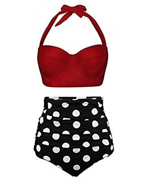 Racing High Waist Bikinis Set Women Swimuit Printed Swimwear Retro Beachewear Bathing Suit - Red - CR195ATR29H