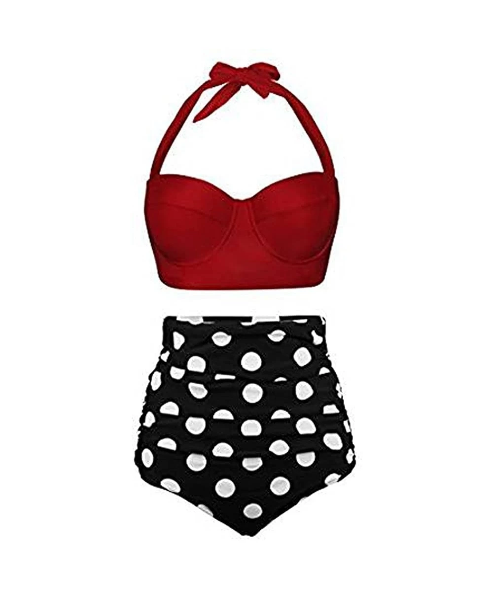 Racing High Waist Bikinis Set Women Swimuit Printed Swimwear Retro Beachewear Bathing Suit - Red - CR195ATR29H