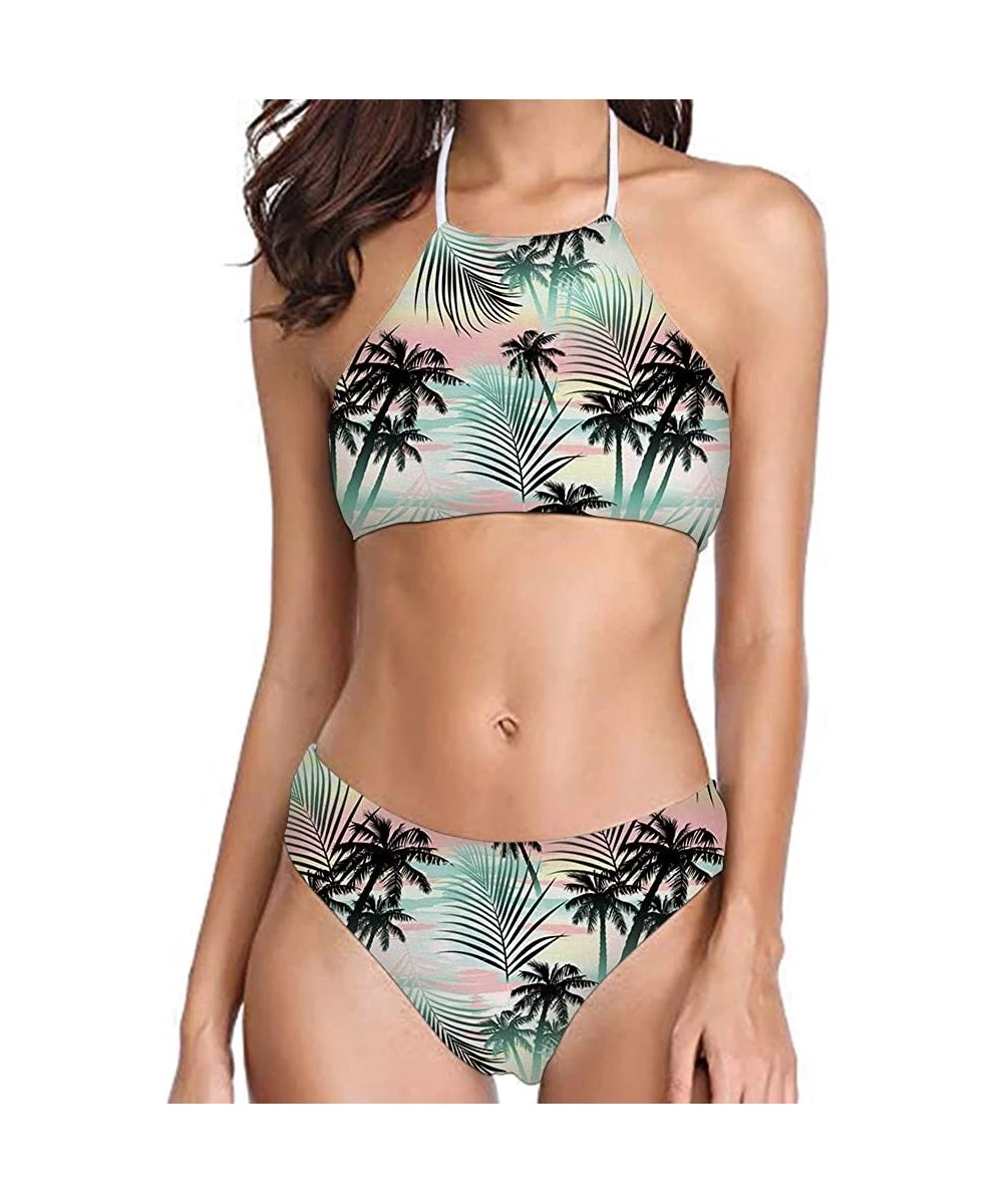 Sets Womens Forest Palm Leaves Sunflower Printing High Neck Halter Bikini Set Swimsuit XS-2XL - Pattern-38 - CC194RZRQ7S