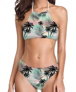 Sets Womens Forest Palm Leaves Sunflower Printing High Neck Halter Bikini Set Swimsuit XS-2XL - Pattern-38 - CC194RZRQ7S