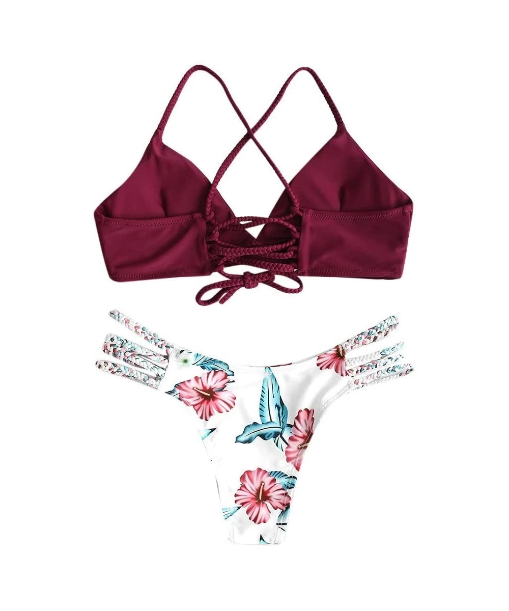 Sets Rusty Bathing Suit Two Piece Strappy Bikini Set Back Criss Cross Swimwear Sunflower Tanga - Wine - CG18SAH0WRI