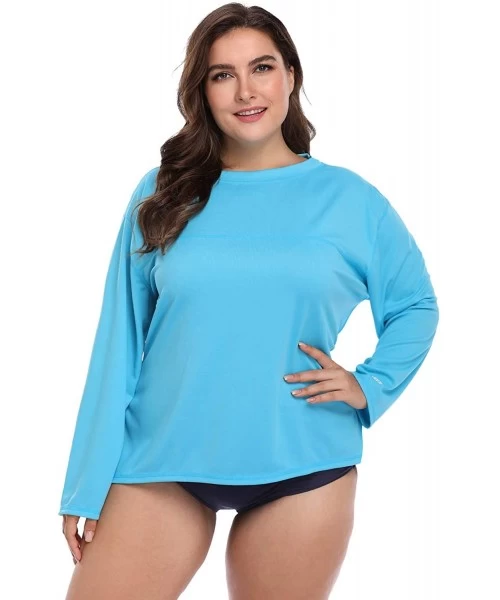 Rash Guards Women's Plus Size Long Sleeve Rash Guard Top Zip Front UPF 50 Swim Shirt - Solid Blue - C718SZ8TI0N