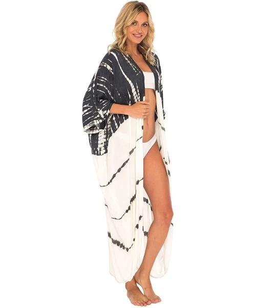 Cover-Ups Womens Casual Loose Kimono Cardigan Tie Dye Beach Coverups Plus Size - Black - CN18T60424S