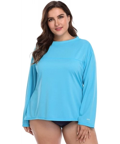 Rash Guards Women's Plus Size Long Sleeve Rash Guard Top Zip Front UPF 50 Swim Shirt - Solid Blue - C718SZ8TI0N