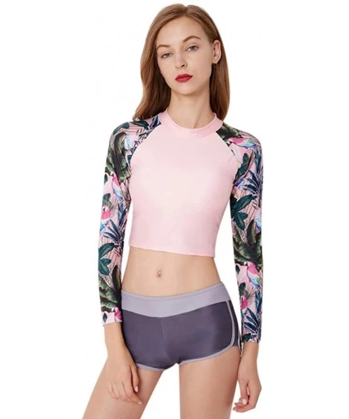 Rash Guards Women Bikini Swimwear Long Sleeve Crop Shirt Top Thong Bottom Swimsuit Beach Bathing Suit - H-pink - CQ197KM6T7S