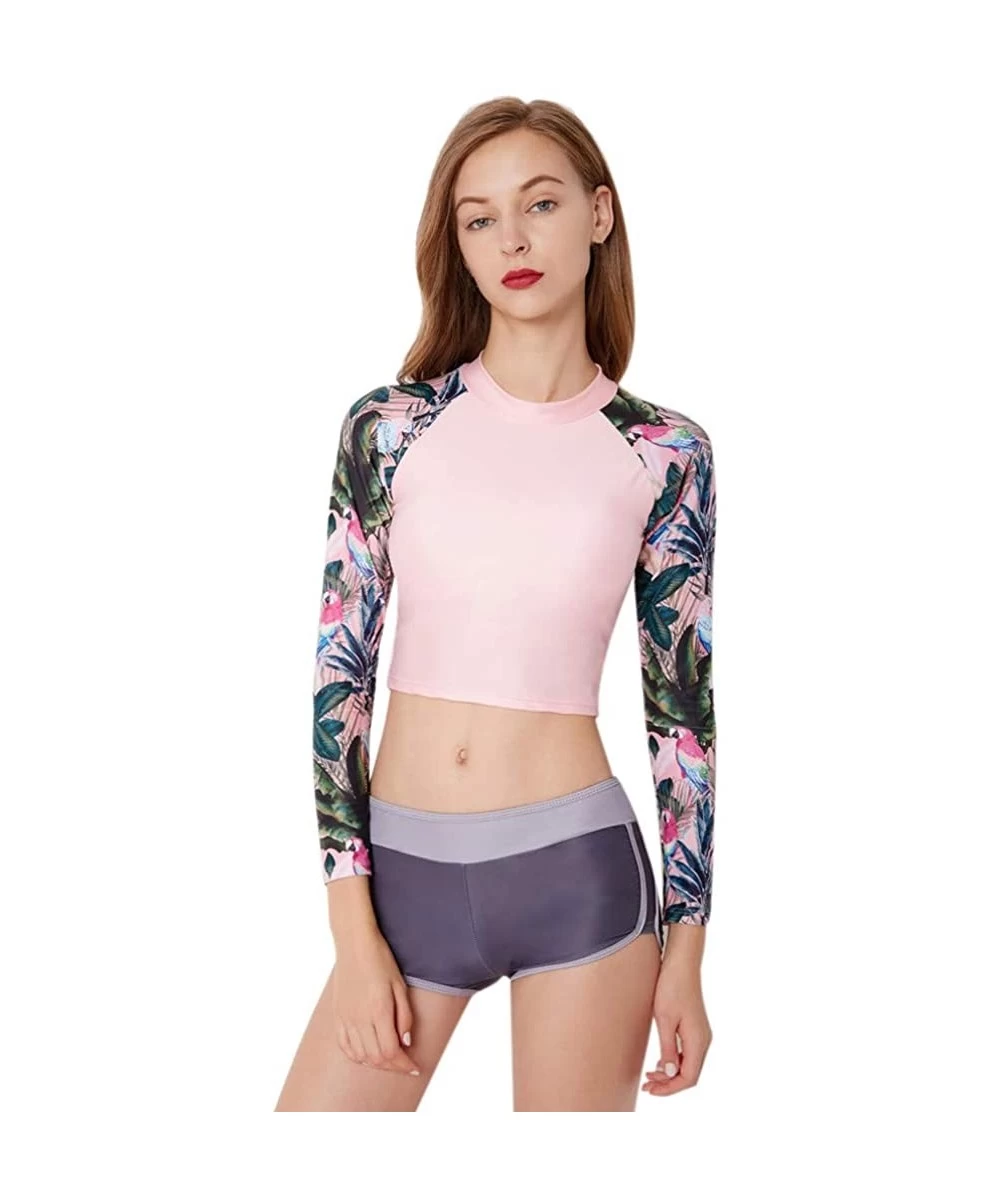 Rash Guards Women Bikini Swimwear Long Sleeve Crop Shirt Top Thong Bottom Swimsuit Beach Bathing Suit - H-pink - CQ197KM6T7S