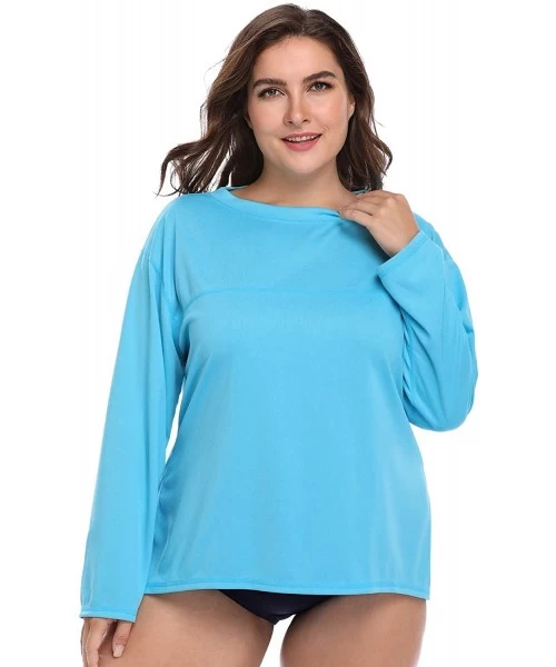 Rash Guards Women's Plus Size Long Sleeve Rash Guard Top Zip Front UPF 50 Swim Shirt - Solid Blue - C718SZ8TI0N