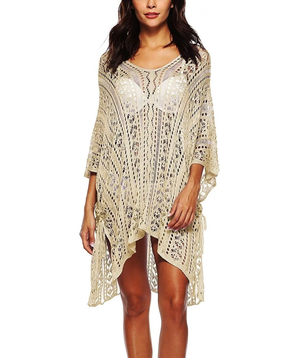 Cover-Ups Women's Summer Beach Dress Splice Swimwear Coverup Plus Size Crochet Tunic Beach Wear - Beige - CV18GG2D2A5