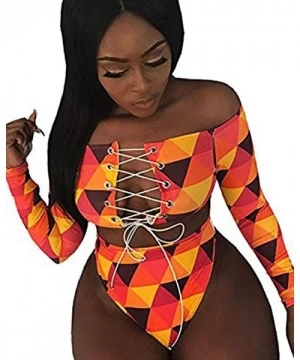 Sets Women's African Print High Waist Bikini Set Lace up Swimsuit Long Sleeve Swimwear - Orange - CI18R9SM7SI