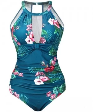 One-Pieces Women One Piece Floral Printed Swimsuit High Neck Mesh Ruched Swimwear - Turquoise - CU18W3402ZS