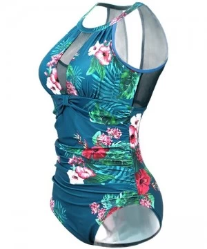 One-Pieces Women One Piece Floral Printed Swimsuit High Neck Mesh Ruched Swimwear - Turquoise - CU18W3402ZS