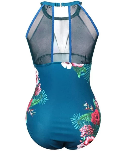 One-Pieces Women One Piece Floral Printed Swimsuit High Neck Mesh Ruched Swimwear - Turquoise - CU18W3402ZS