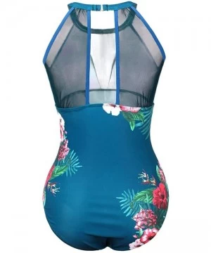 One-Pieces Women One Piece Floral Printed Swimsuit High Neck Mesh Ruched Swimwear - Turquoise - CU18W3402ZS