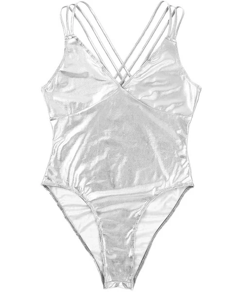 One-Pieces Women's Shiny Metallic Strappy Cross Back Swimsuit Wire-Free Deep V Bodysuit Bathing Suits - Silver - CP18SAKUDHS