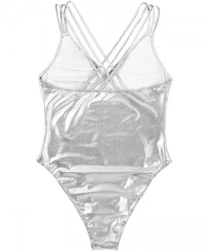 One-Pieces Women's Shiny Metallic Strappy Cross Back Swimsuit Wire-Free Deep V Bodysuit Bathing Suits - Silver - CP18SAKUDHS