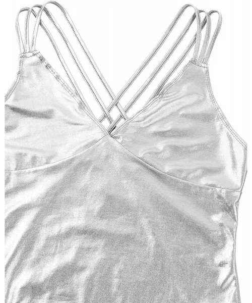 One-Pieces Women's Shiny Metallic Strappy Cross Back Swimsuit Wire-Free Deep V Bodysuit Bathing Suits - Silver - CP18SAKUDHS