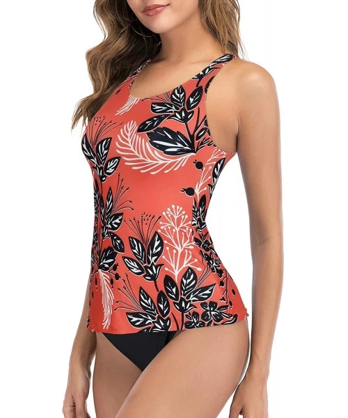 Racing Women's Two Piece Tankini Swimsuit Floral Tank Top Bikinis Padded Swimwear with Boyshorts - Red Floral Print - CD196OM...