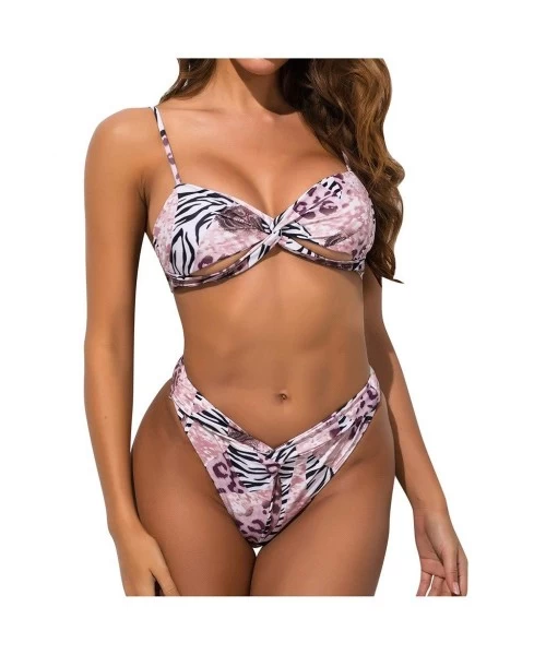 Sets Two Pieces Swimsuits- Women Tow-Piece Swimsuit Snake Print Bandage Bikini Beach Swimwear Pink L - Pink - CY199NDN3IH