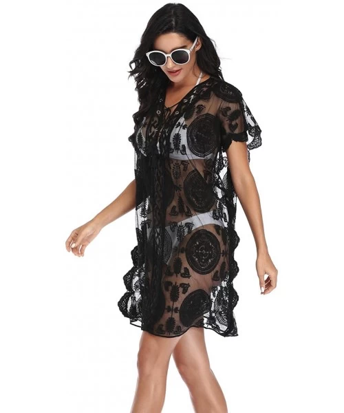 Cover-Ups Bathing Suit Cover Up for Beach Pool Swimwear Lace Crochet Dress - B1-black - C2198ORHUQW