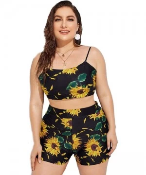 Sets Women's Plus Sunflower Print with Shorts 2 Piece Swimwear - Black - CQ192AQ6QK5