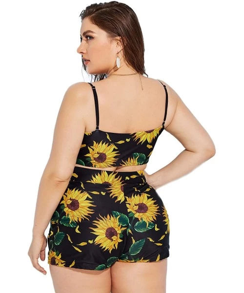 Sets Women's Plus Sunflower Print with Shorts 2 Piece Swimwear - Black - CQ192AQ6QK5