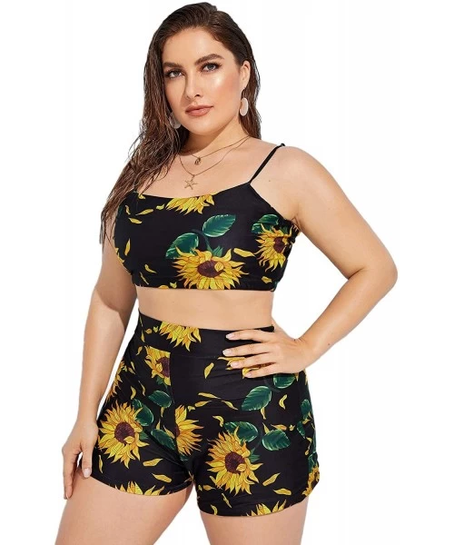 Sets Women's Plus Sunflower Print with Shorts 2 Piece Swimwear - Black - CQ192AQ6QK5