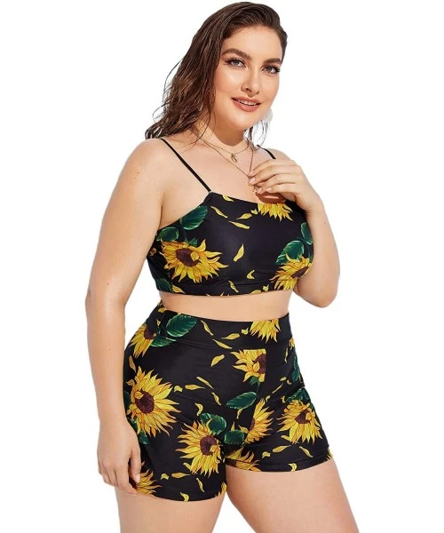 Sets Women's Plus Sunflower Print with Shorts 2 Piece Swimwear - Black - CQ192AQ6QK5