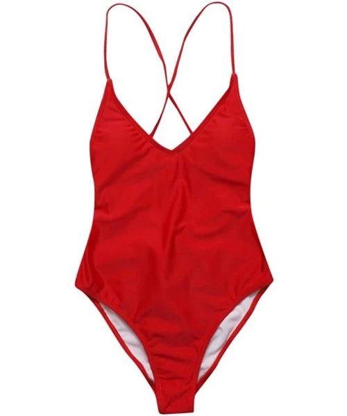 One-Pieces Women Solid Color Jumpsuit Push-Up Beach Bikini One Piece Swimwear - Red - CK196OUC86D