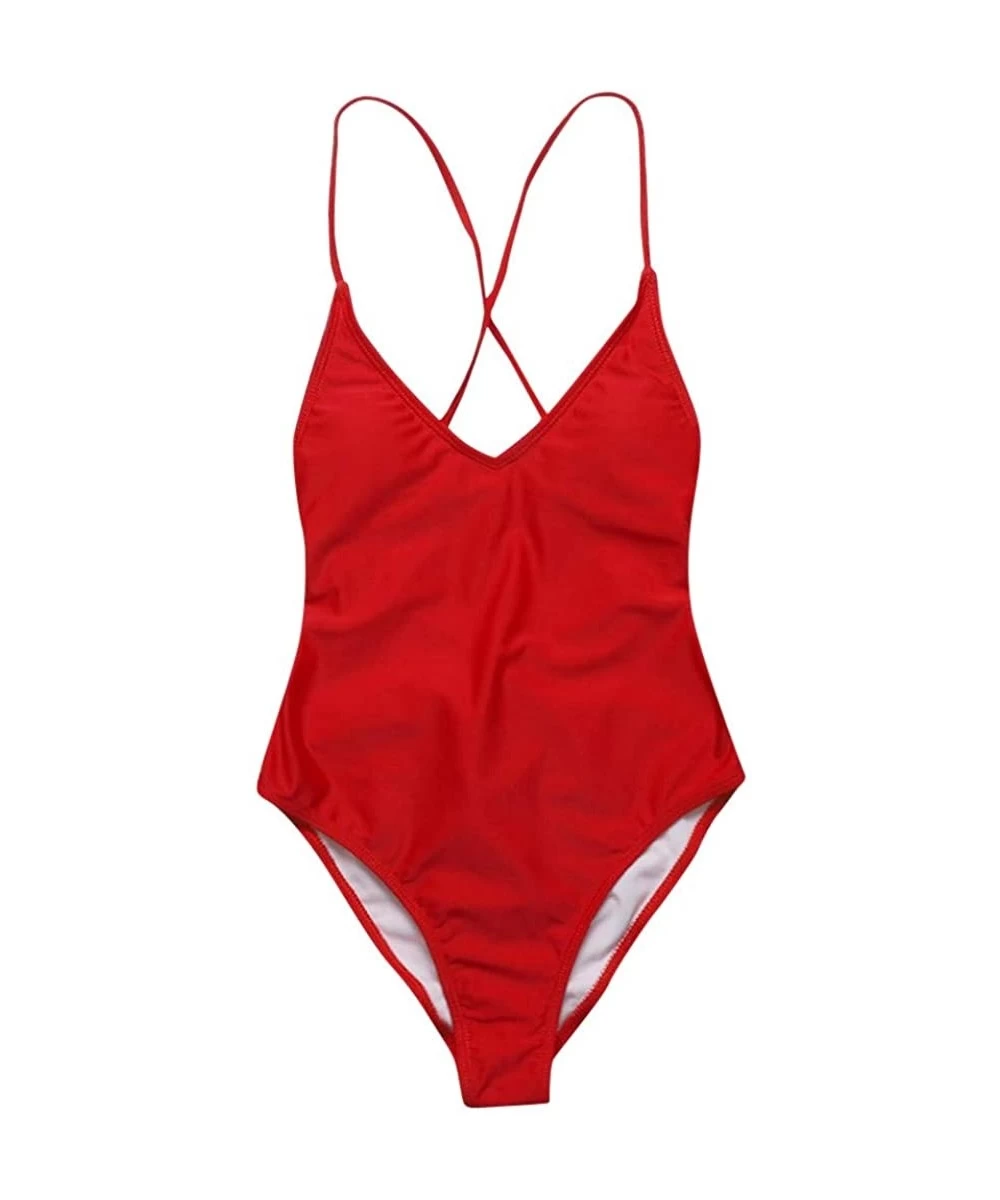 One-Pieces Women Solid Color Jumpsuit Push-Up Beach Bikini One Piece Swimwear - Red - CK196OUC86D