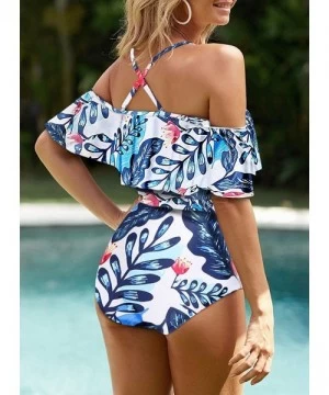 One-Pieces Sexy One Piece Swimsuits for Women Tummy Control Off Shoulder Striped Flounce Ruffle Lace up Bathing Suit Multi Co...