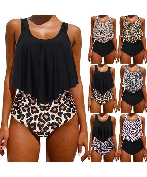 One-Pieces Women's Two Pieces Ruched High Waist Bikini Set - 022 Leopard a - CC1992S87Z3