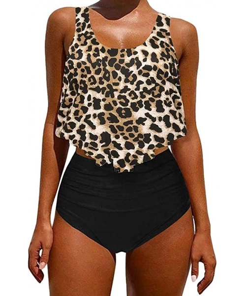 One-Pieces Women's Two Pieces Ruched High Waist Bikini Set - 022 Leopard a - CC1992S87Z3