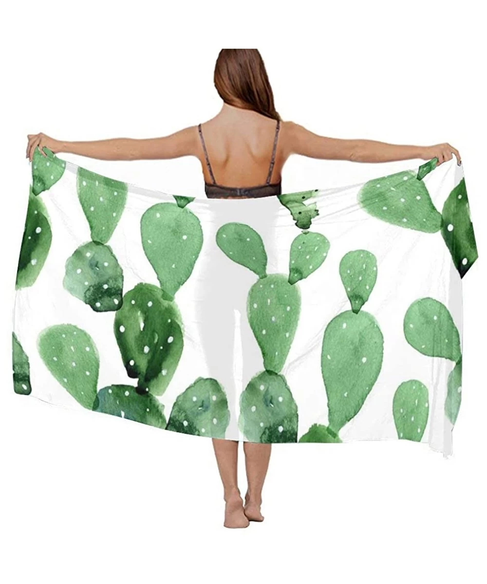 Cover-Ups Women Chiffon Scarf Summer Beach Wrap Skirt Swimwear Bikini Cover-up - Watercolor Cactus Pattern - CL190HIL7HX