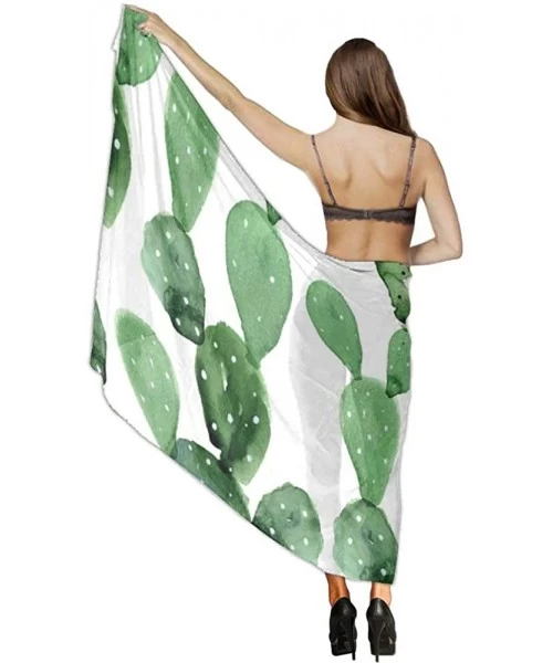 Cover-Ups Women Chiffon Scarf Summer Beach Wrap Skirt Swimwear Bikini Cover-up - Watercolor Cactus Pattern - CL190HIL7HX