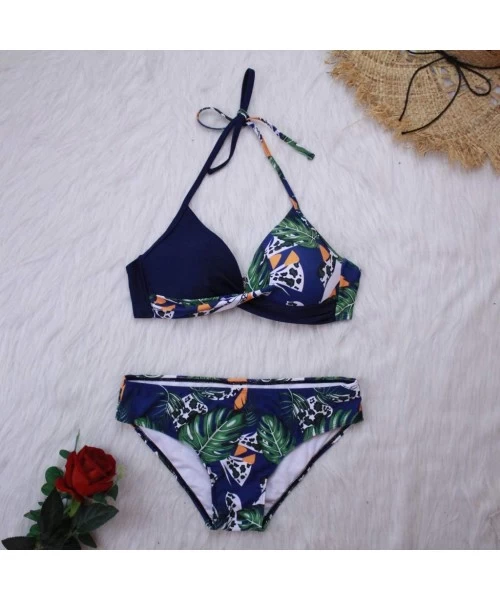 Sets Women Vintage Swimsuit Two Piece Retro Halter High Waist Push up Bikini Set Beachwear - Bluefloral Print - CS194AHD8EZ