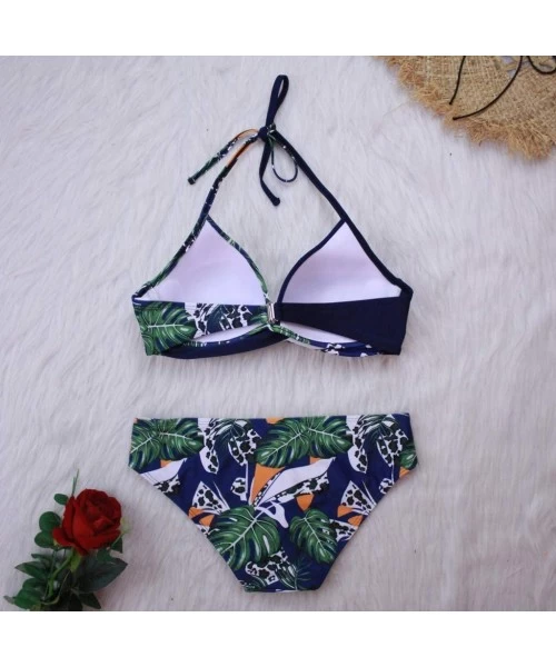 Sets Women Vintage Swimsuit Two Piece Retro Halter High Waist Push up Bikini Set Beachwear - Bluefloral Print - CS194AHD8EZ