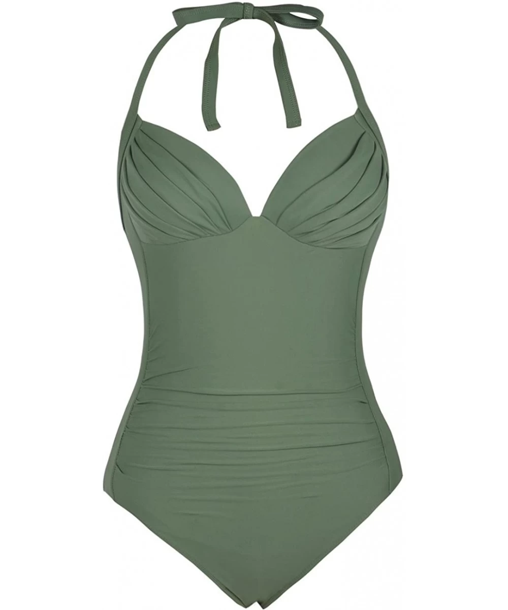 One-Pieces Women's One Piece Swimsuit Ruched Halter Bathing Suit Tummy Control Swimwear - Army Green - C218GQAN256