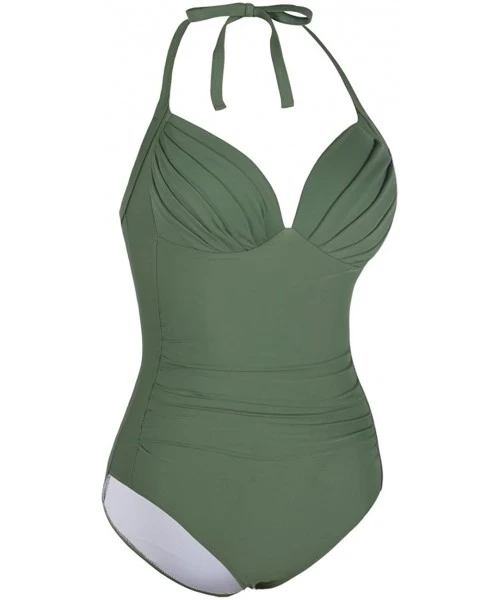 One-Pieces Women's One Piece Swimsuit Ruched Halter Bathing Suit Tummy Control Swimwear - Army Green - C218GQAN256