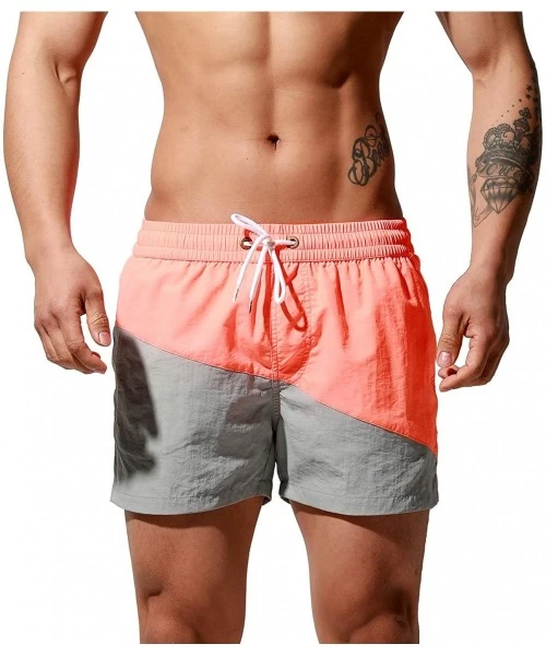 Board Shorts Men's Oblique Stitching Color Board Shorts Beach Swimsuit - Orange - C519897AHIG