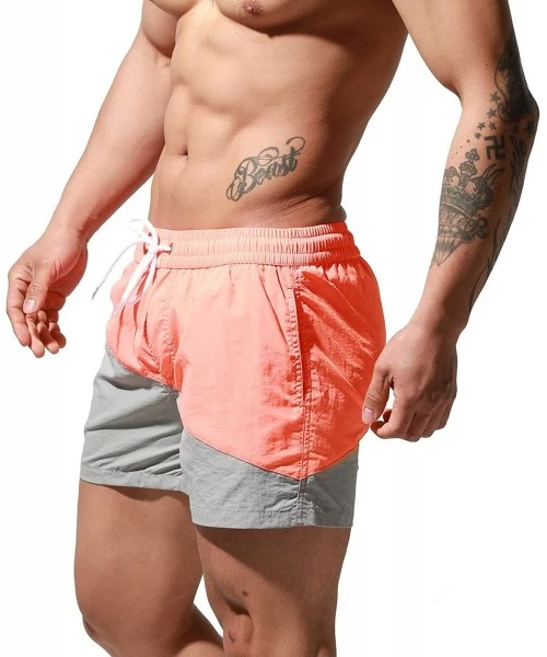 Board Shorts Men's Oblique Stitching Color Board Shorts Beach Swimsuit - Orange - C519897AHIG